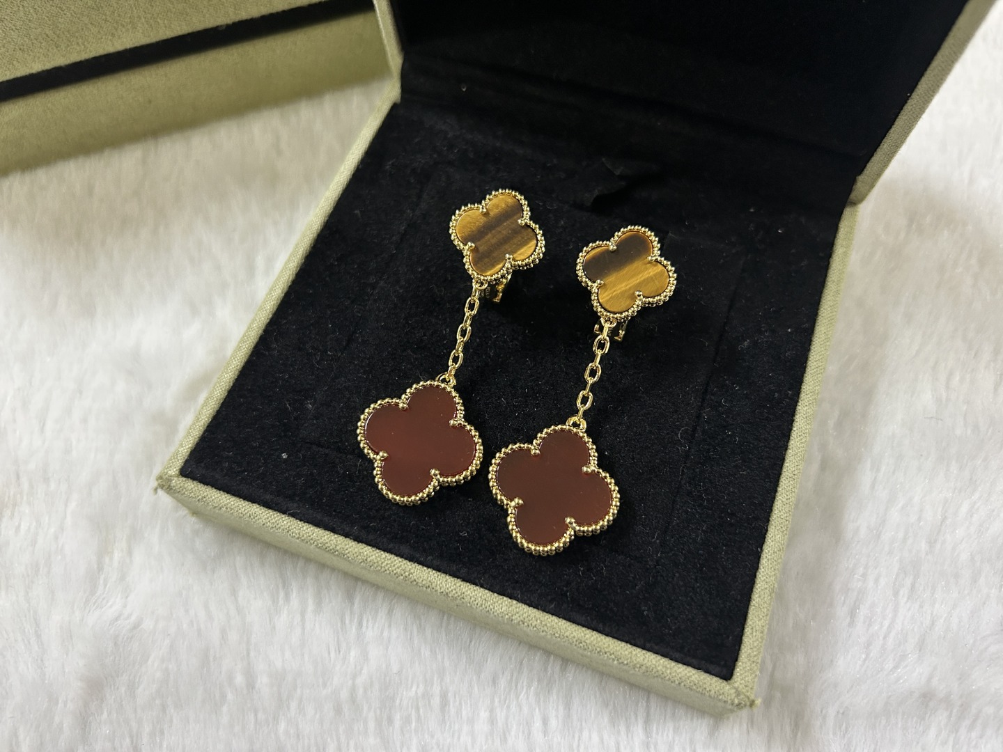 VCA Van Cleef & Arpels 2-Flower Tiger's Eye and Red Agate Ear Clips
