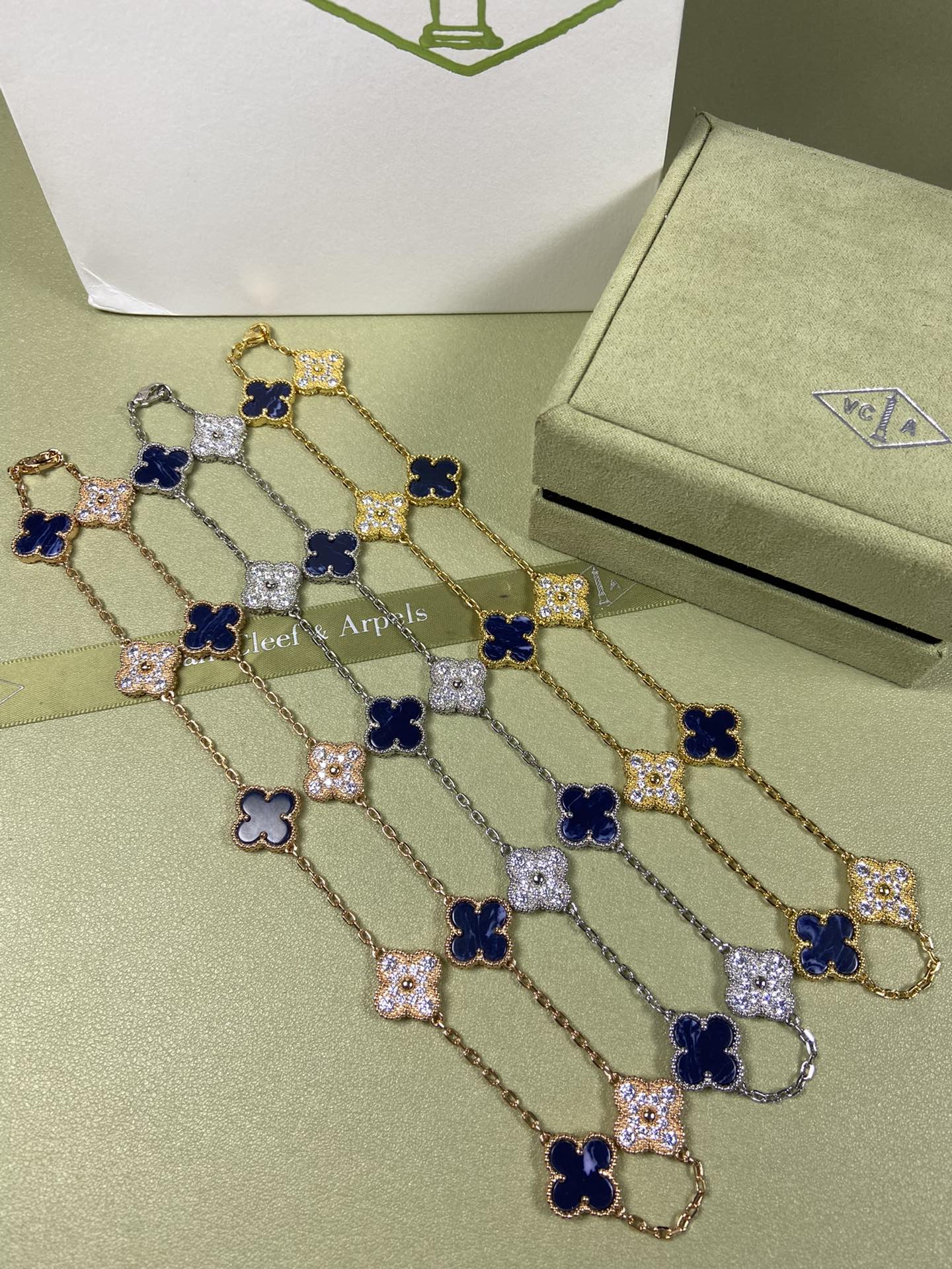 Van Cleef & Arpels Necklace VCA Alhambra 10 Clover Peret Blue  and Diamonds Necklace White Gold, Yellow Gold, Rose Gold
