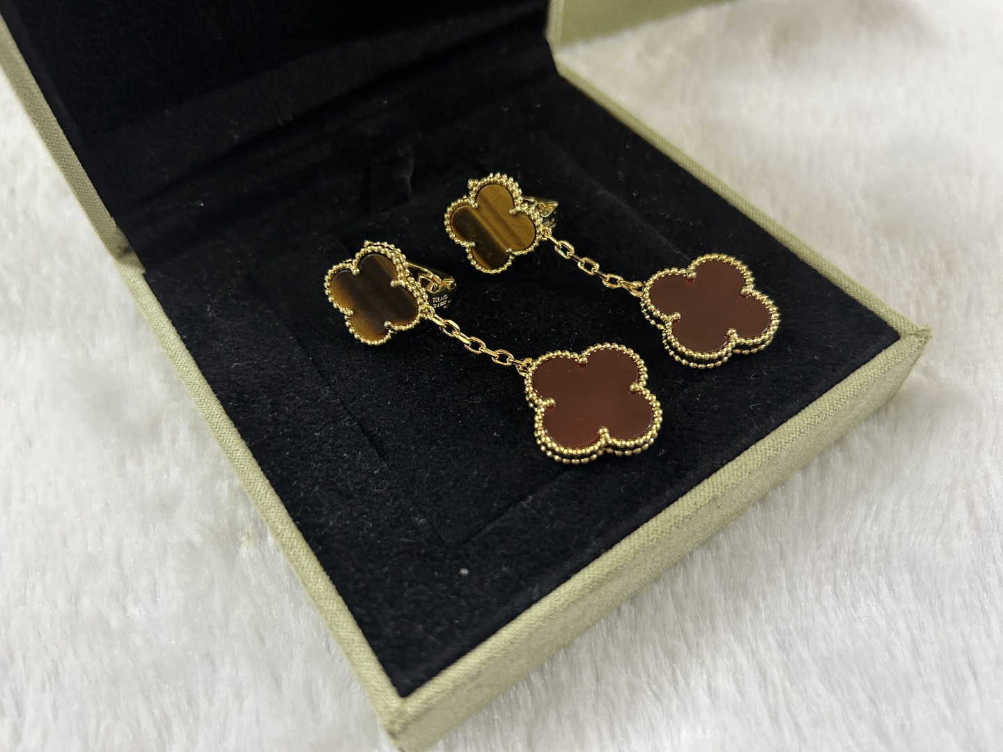 VCA Van Cleef & Arpels 2-Flower Tiger's Eye and Red Agate Ear Clips