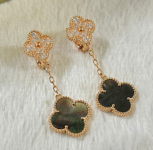 VCA Van Cleef & Arpels 2-Flower Grey Mother-of-Pearl Diamond Earrings