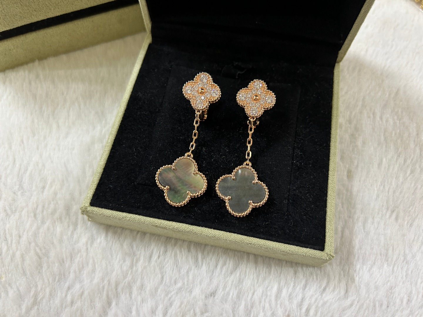 VCA Van Cleef & Arpels 2-Flower Grey Mother-of-Pearl Diamond Earrings