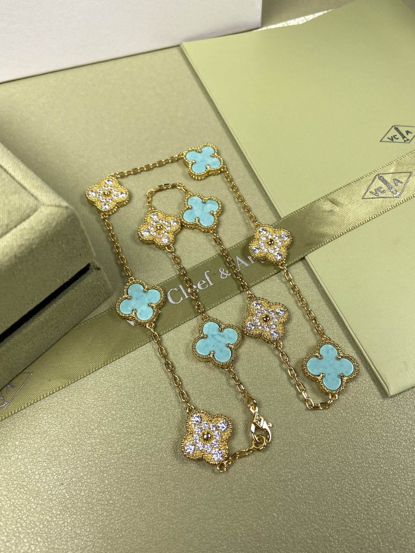 Van Cleef & Arpels Necklace VCA 10-Flower Mint Green Diamond Necklace Platinum, Yellow Gold, Rose Gold