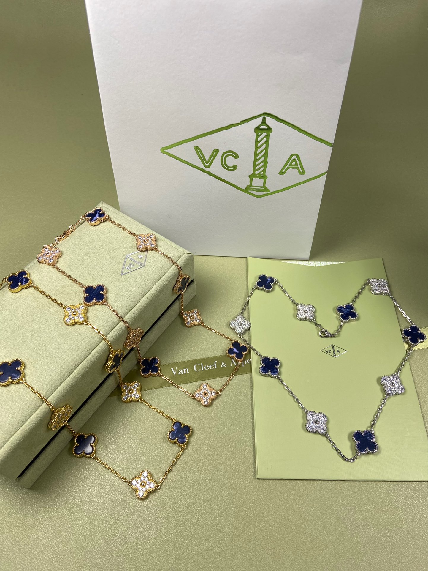 Van Cleef & Arpels Necklace VCA Alhambra 10 Clover Peret Blue  and Diamonds Necklace White Gold, Yellow Gold, Rose Gold