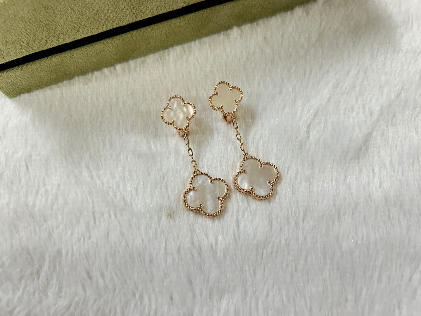 VCA Van Cleef & Arpels 2-Flower White Mother-of-Pearl Ear Clips in Platinum, Rose Gold, and Yellow Gold