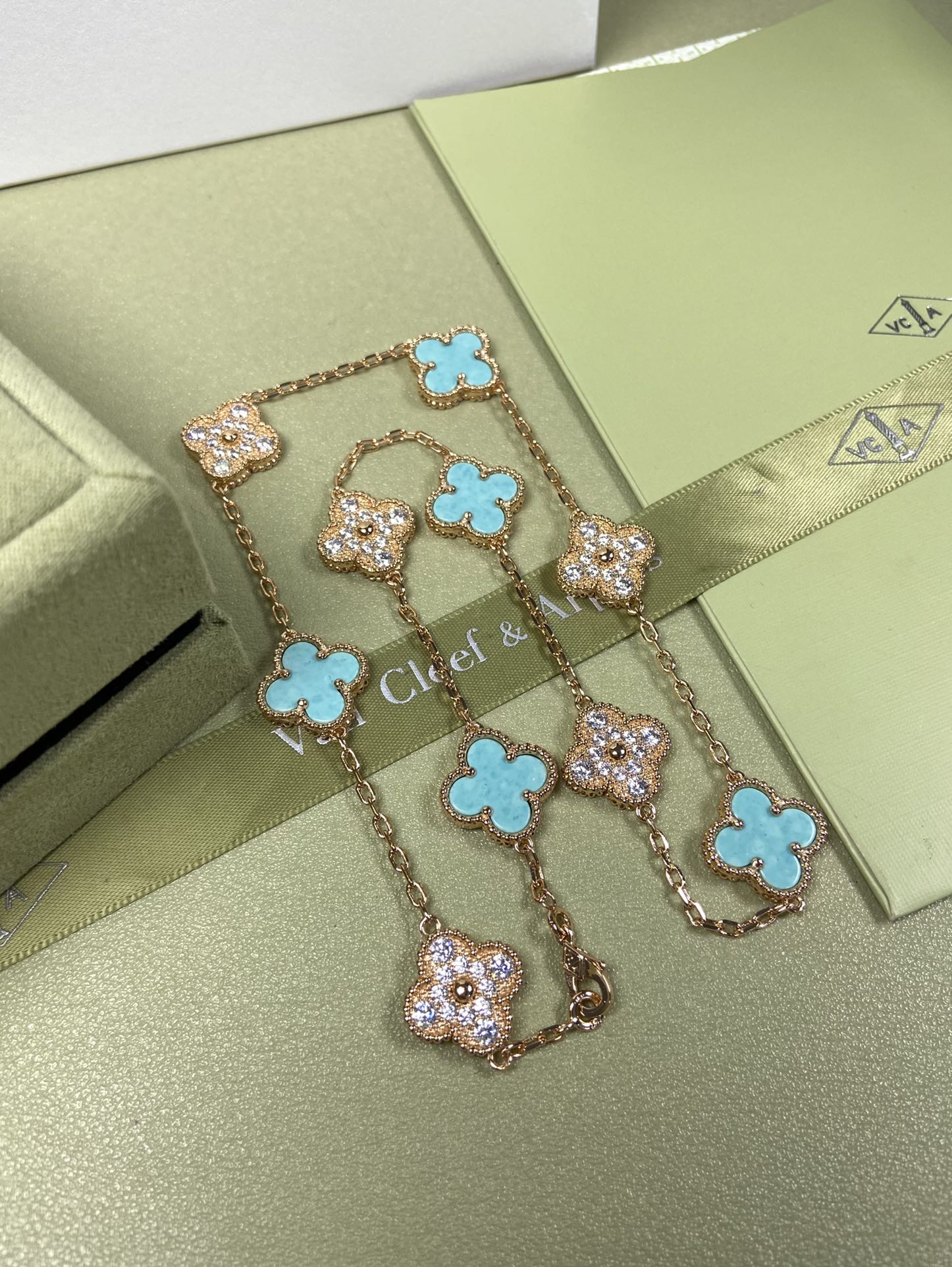 Van Cleef & Arpels Necklace VCA 10-Flower Mint Green Diamond Necklace Platinum, Yellow Gold, Rose Gold