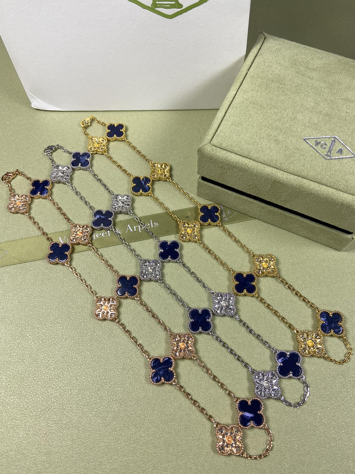Van Cleef & Arpels Necklace VCA Alhambra 10 Clover Peret Blue  and Diamonds Necklace White Gold, Yellow Gold, Rose Gold