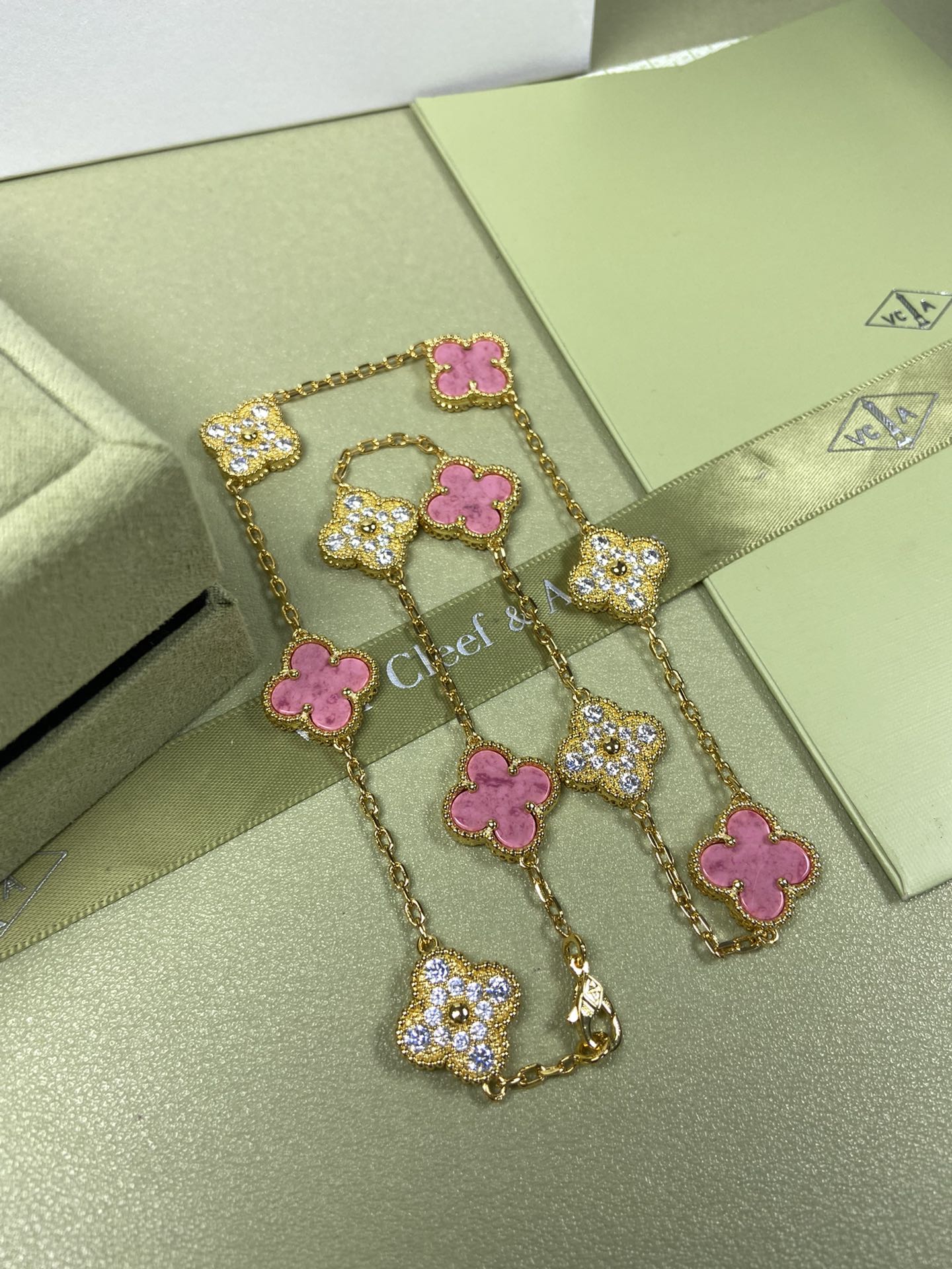 Van Cleef & Arpels Necklace VCA 10-Flower Rose Pink Necklace Platinum, Yellow Gold, Rose Gold