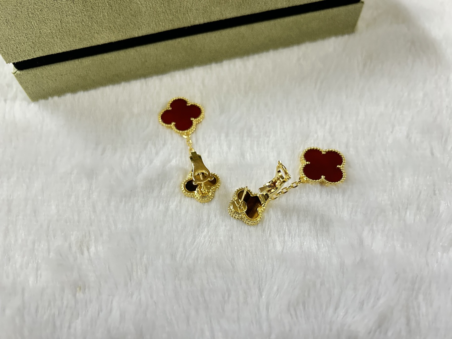 VCA Van Cleef & Arpels 2-Flower Tiger's Eye and Red Agate Ear Clips