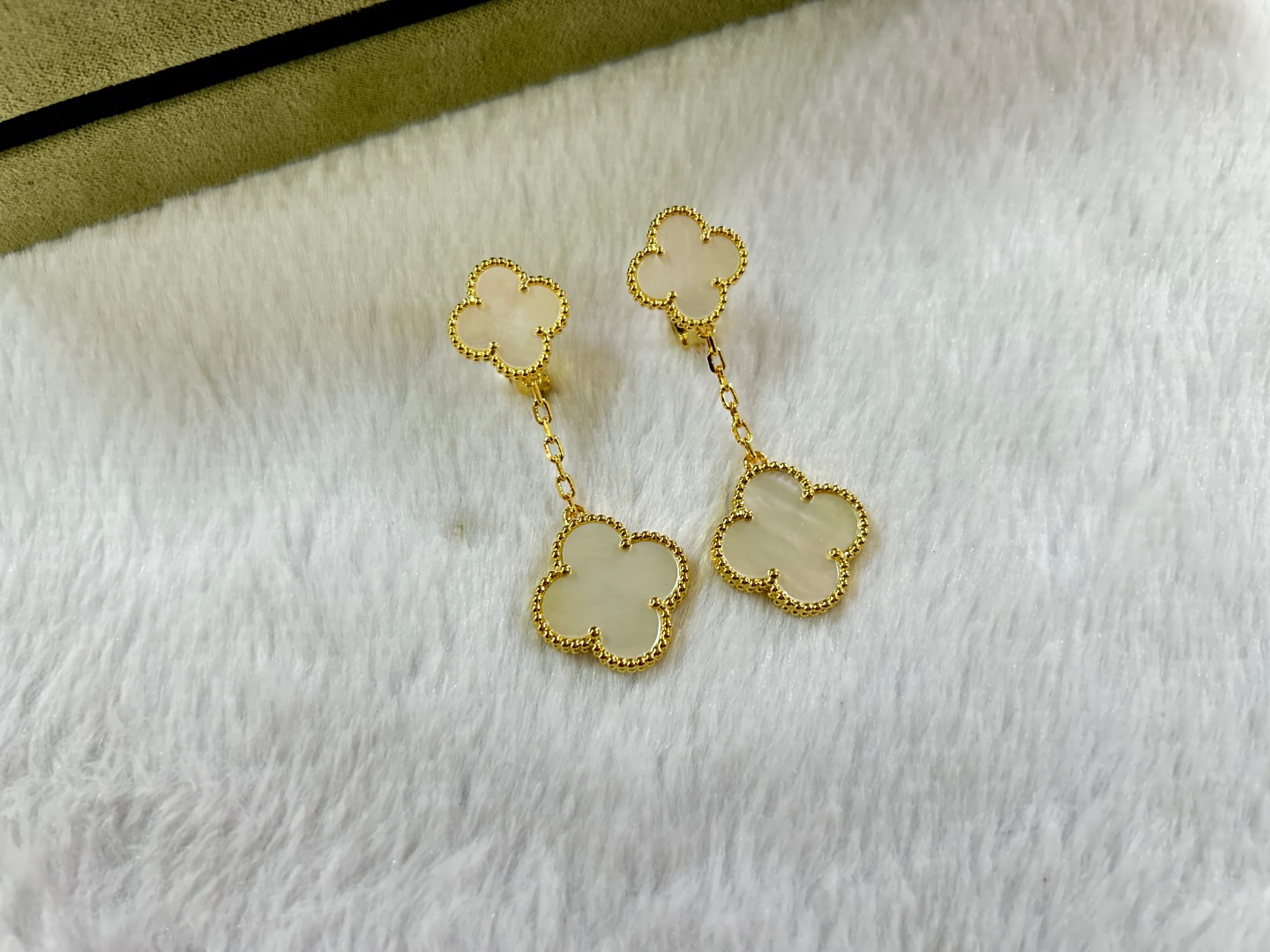 VCA Van Cleef & Arpels 2-Flower White Mother-of-Pearl Ear Clips in Platinum, Rose Gold, and Yellow Gold