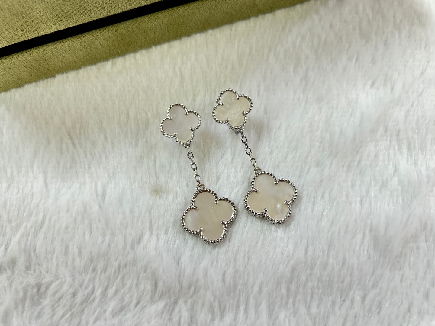 VCA Van Cleef & Arpels 2-Flower White Mother-of-Pearl Ear Clips in Platinum, Rose Gold, and Yellow Gold