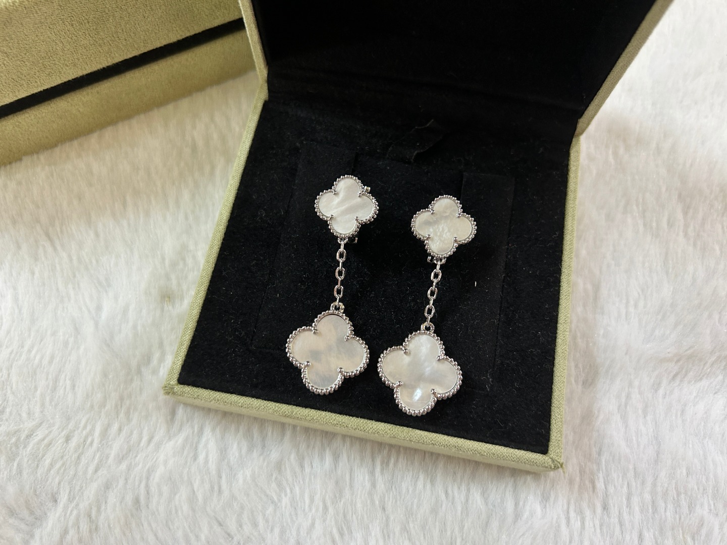 VCA Van Cleef & Arpels 2-Flower White Mother-of-Pearl Ear Clips in Platinum, Rose Gold, and Yellow Gold