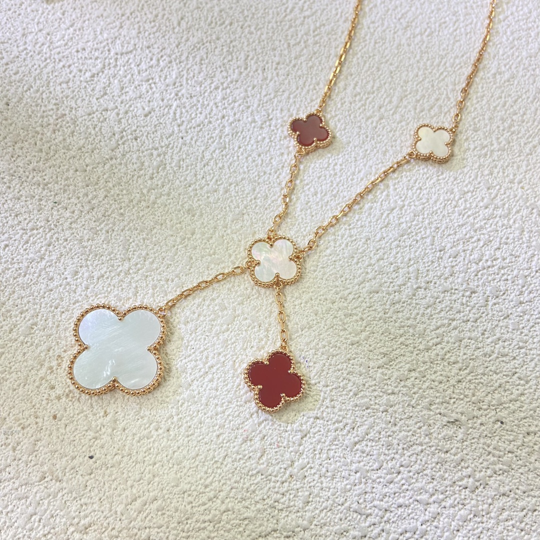 Van Cleef & Arpels Necklace New Small and Large Flower Red Agate White Mother-of-Pearl