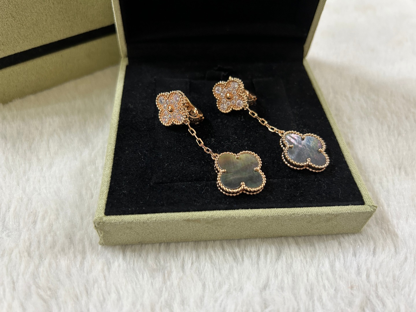 VCA Van Cleef & Arpels 2-Flower Grey Mother-of-Pearl Diamond Earrings