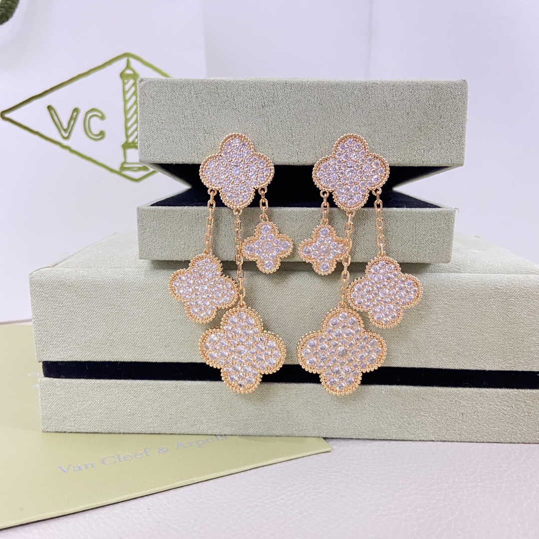 Van Cleef & Arpels Earrings New Full Diamond  4-Clover Darling Earrings