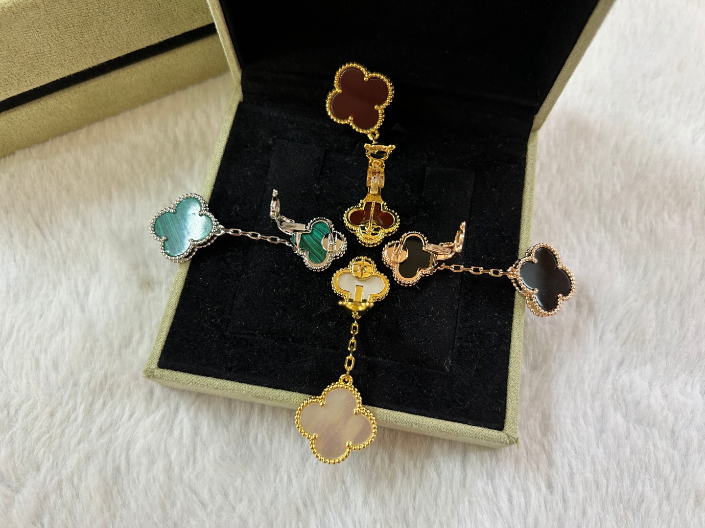 VCA Van Cleef & Arpels 2-Flower White Mother-of-Pearl Ear Clips in Platinum, Rose Gold, and Yellow Gold