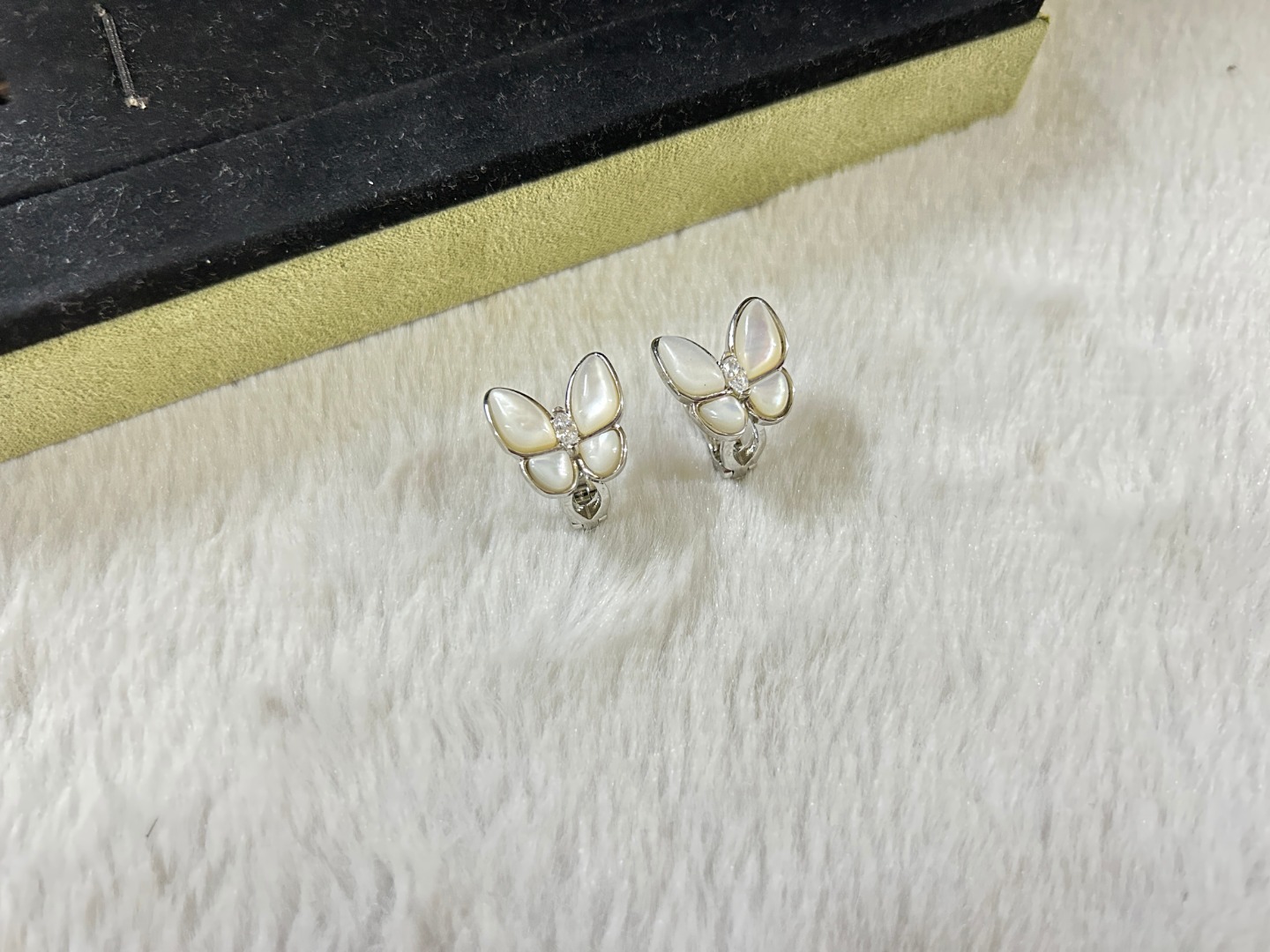 VCA Van Cleef & Arpels Butterfly White Mother-of-Pearl Ear Clips in Platinum, Rose Gold, and Yellow Gold