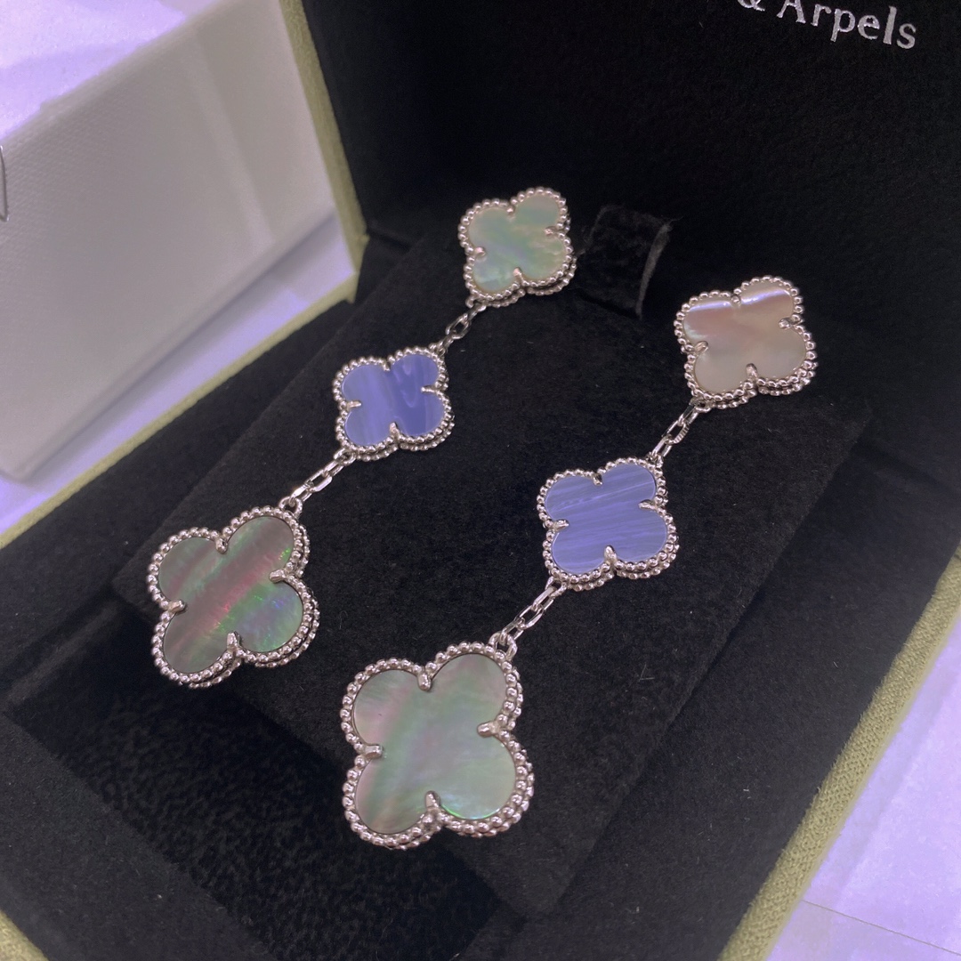 VCA Magic Alhambra Earrings White gold, blue chalcedony, gray mother-of-pearl, mother-of-pearl