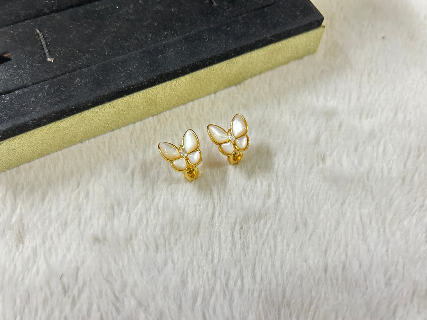 VCA Van Cleef & Arpels Butterfly White Mother-of-Pearl Ear Clips in Platinum, Rose Gold, and Yellow Gold
