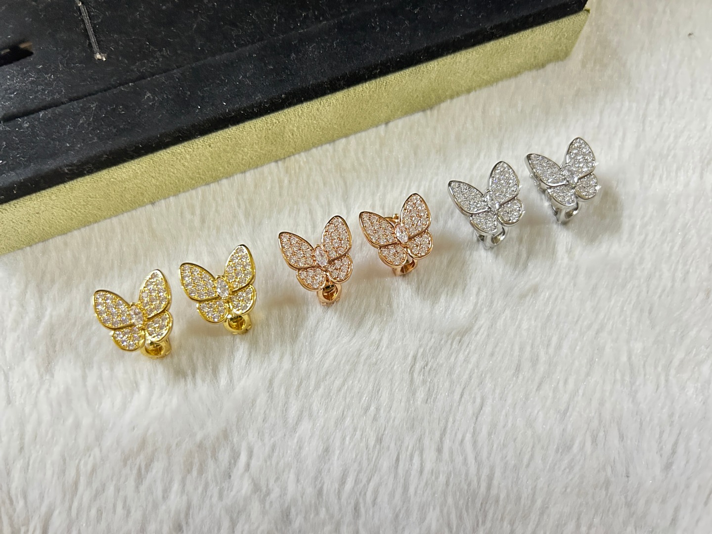 VCA Van Cleef & Arpels Butterfly White Diamond Earrings, Platinum, Rose Gold, Yellow Gold