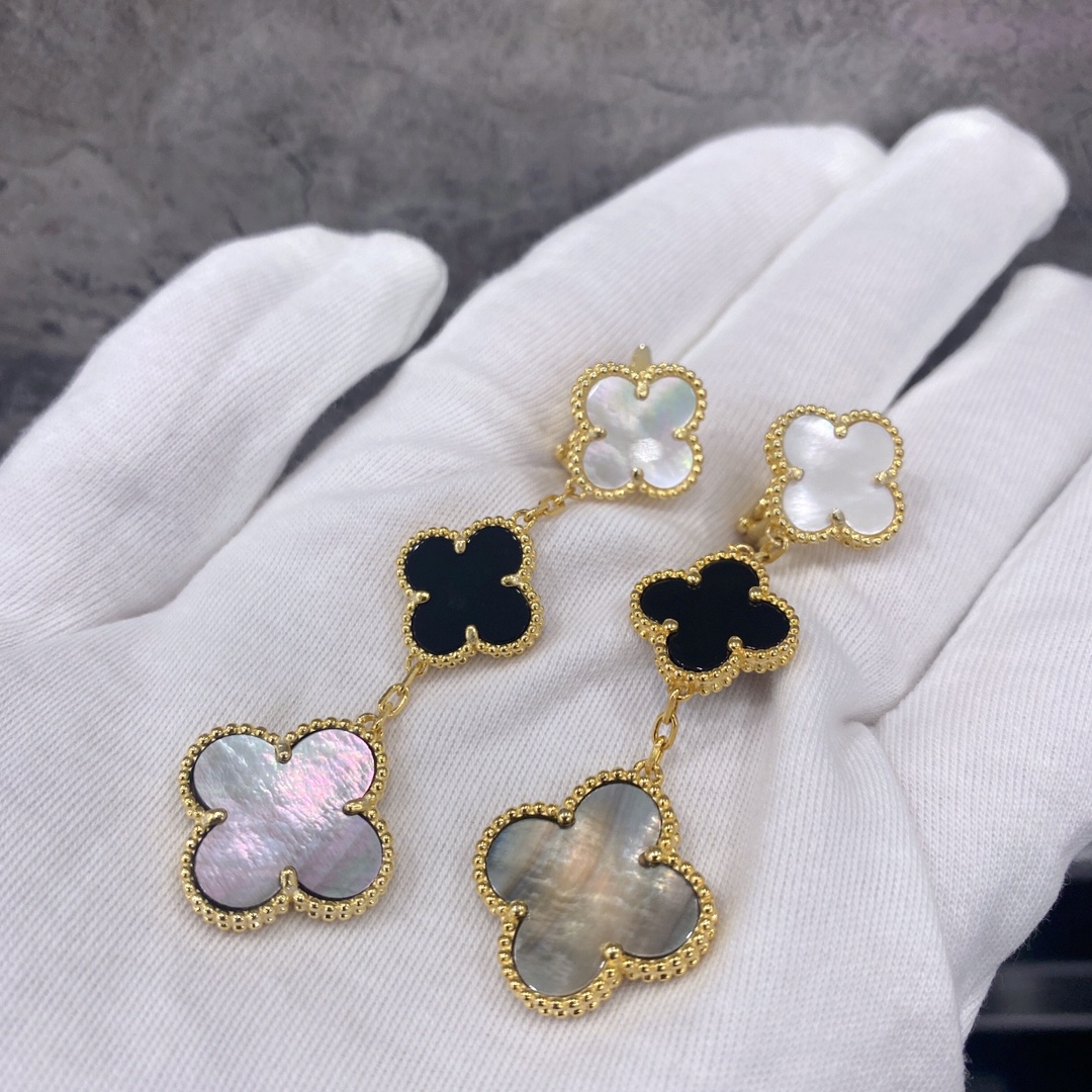VCA Magic Alhambra 3-pattern Ear Studs Yellow Gold Color, White Mother-of-Pearl + Gray Mother-of-Pearl + Black Mother-of-Pearl