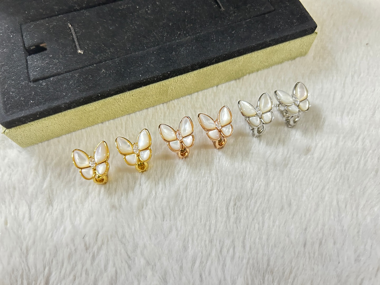 VCA Van Cleef & Arpels Butterfly White Mother-of-Pearl Ear Clips in Platinum, Rose Gold, and Yellow Gold