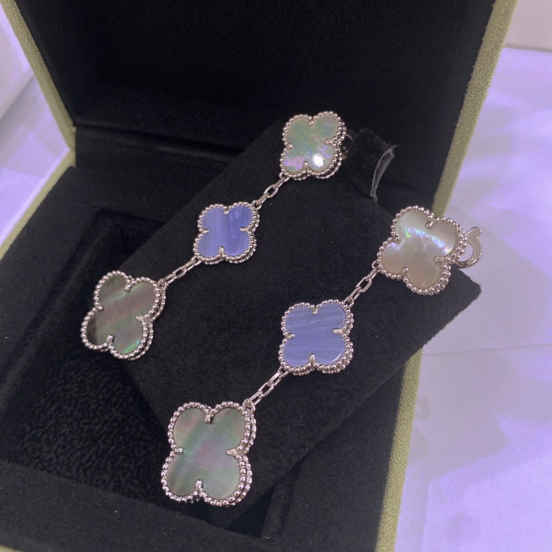 VCA Magic Alhambra Earrings White gold, blue chalcedony, gray mother-of-pearl, mother-of-pearl