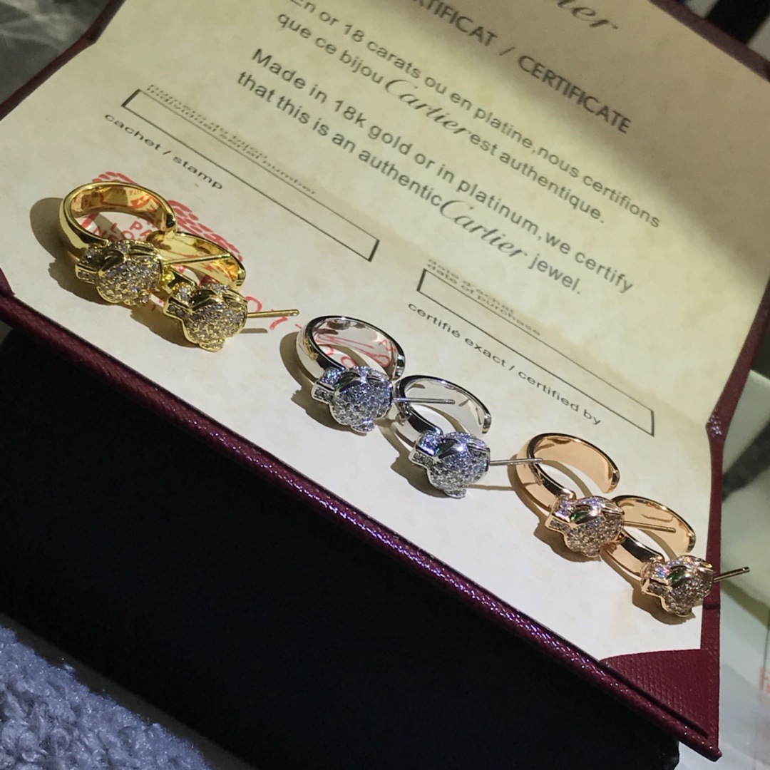 Cartier Earrings New Leopard Head Fully Diamond-Studded Earrings High Version with Steel Stamp Rose Gold, White Gold, Yellow Gold In Stock