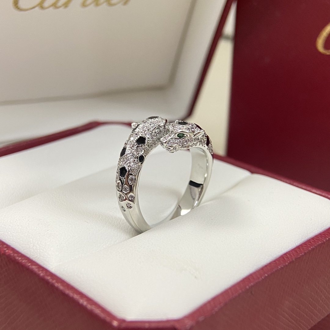 Cartier Ring New Full Diamond Double Panther Head Ring