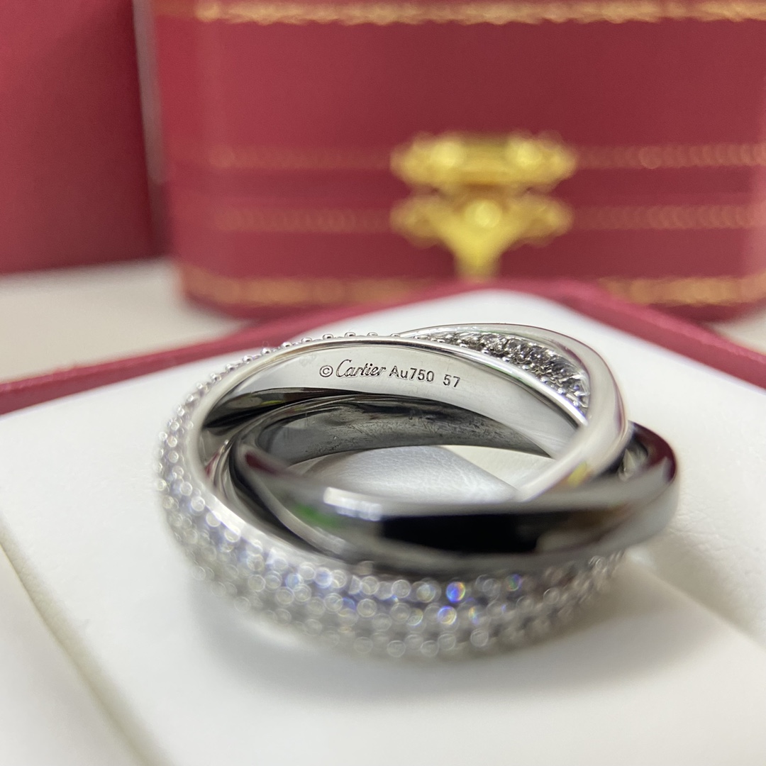 Cartier Ring New Three-Row Diamond White Gold Black Triple Band Ring Size: 6, 7, 8