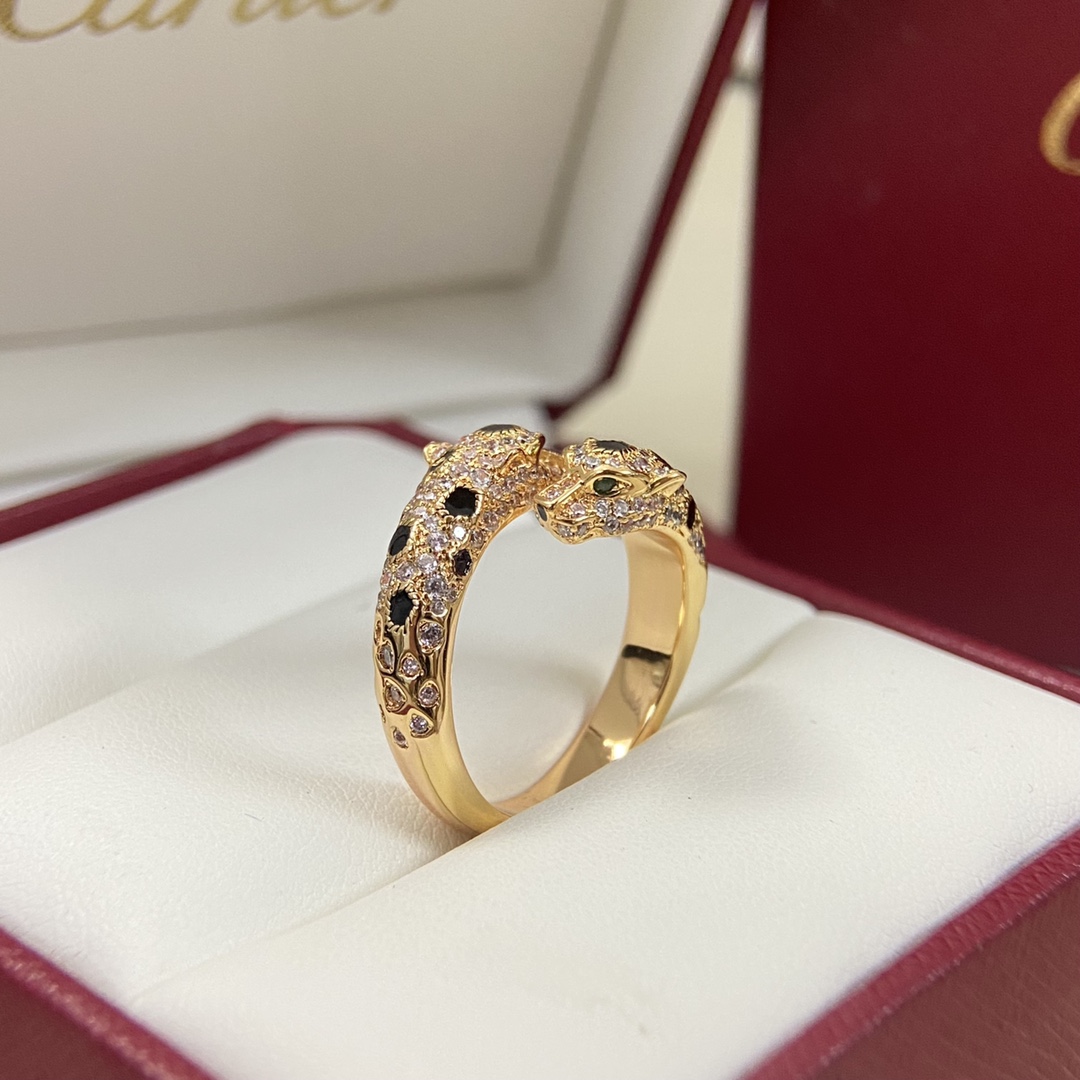 Cartier Ring New Full Diamond Double Panther Head Ring