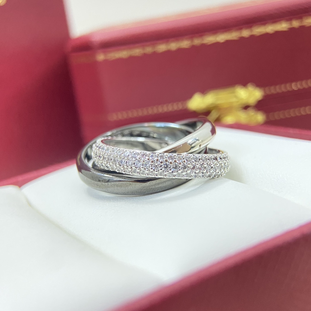 Cartier Ring New Three-Row Diamond White Gold Black Triple Band Ring Size: 6, 7, 8