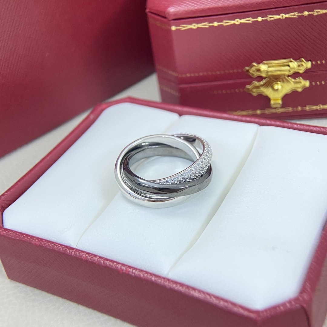 Cartier Ring New Three-Row Diamond White Gold Black Triple Band Ring Size: 6, 7, 8