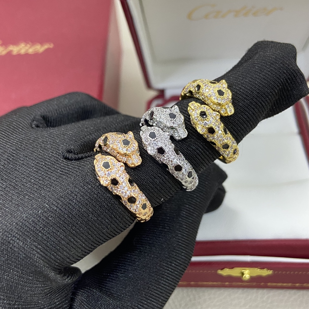 Cartier Ring New Full Diamond Double Panther Head Ring
