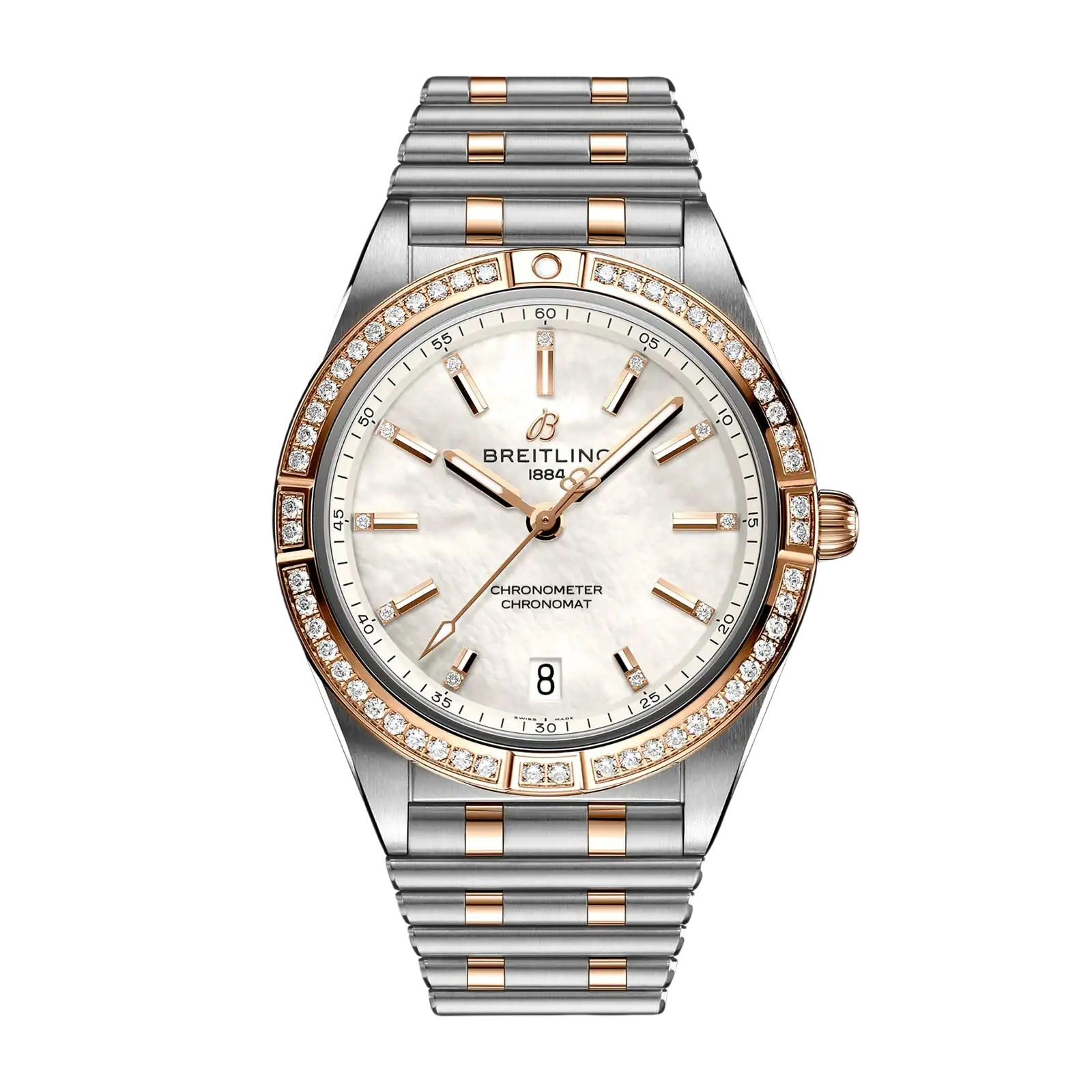 Chronomat Automatic Mother of Pearl Dial 18K Rose Gold Diamond Bezel Steel 36mm Women Watch