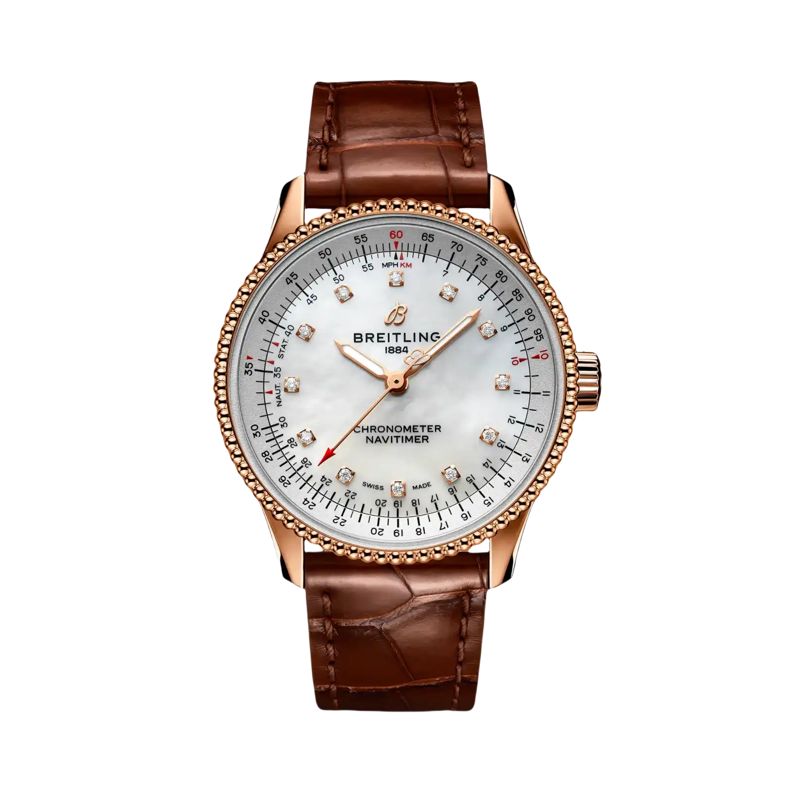 Navitimer Automatic 18k Red Gold Brown Leather Strap 35mm Women Watch