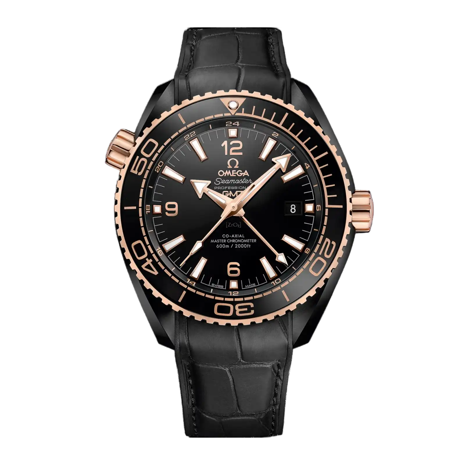 Seamaster Planet Ocean 600M 45.5mm-Black Ceramic On Leather Strap With Rubber Lining - Mens Watch