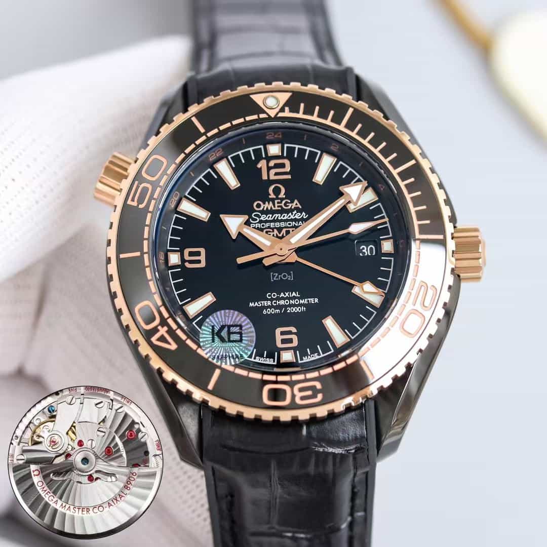 Seamaster Planet Ocean 600M 45.5mm-Black Ceramic On Leather Strap With Rubber Lining - Mens Watch