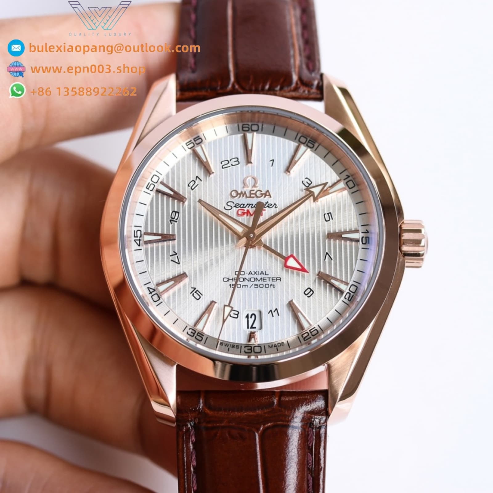 Seamaster Aqua Terr 150M  red gold on leather strap 43mm Men Watch