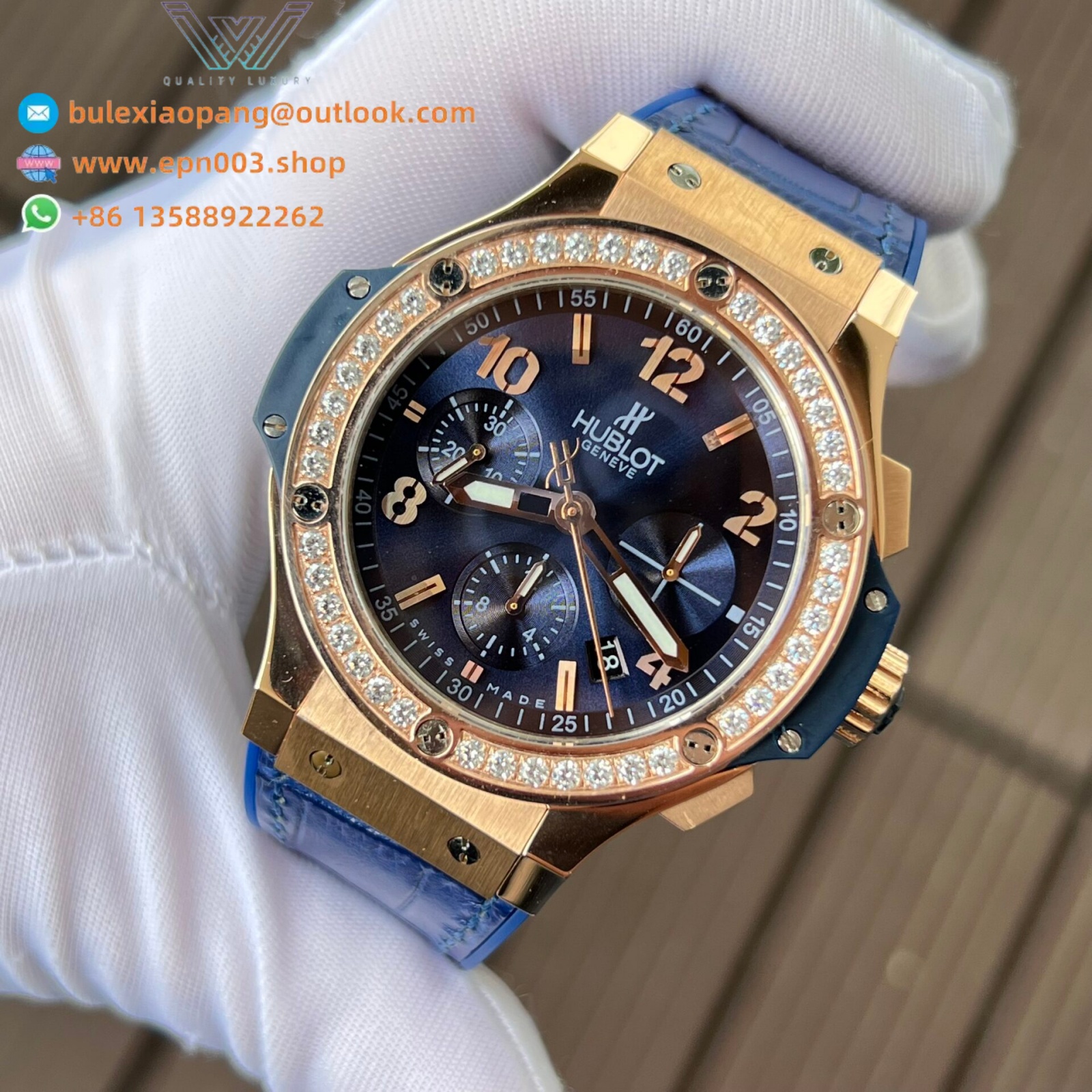 Big Bang Chronograph Gold Blue With Diamond Bezel 44mm Men Watch