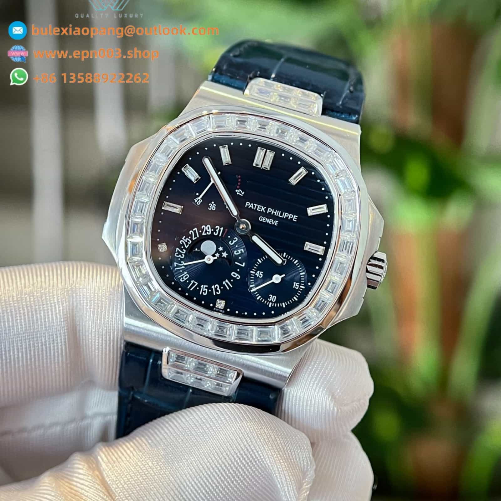 Nautilus 5724 Custom Moissanite Diamonds Leather Strap 40mm Men Watch