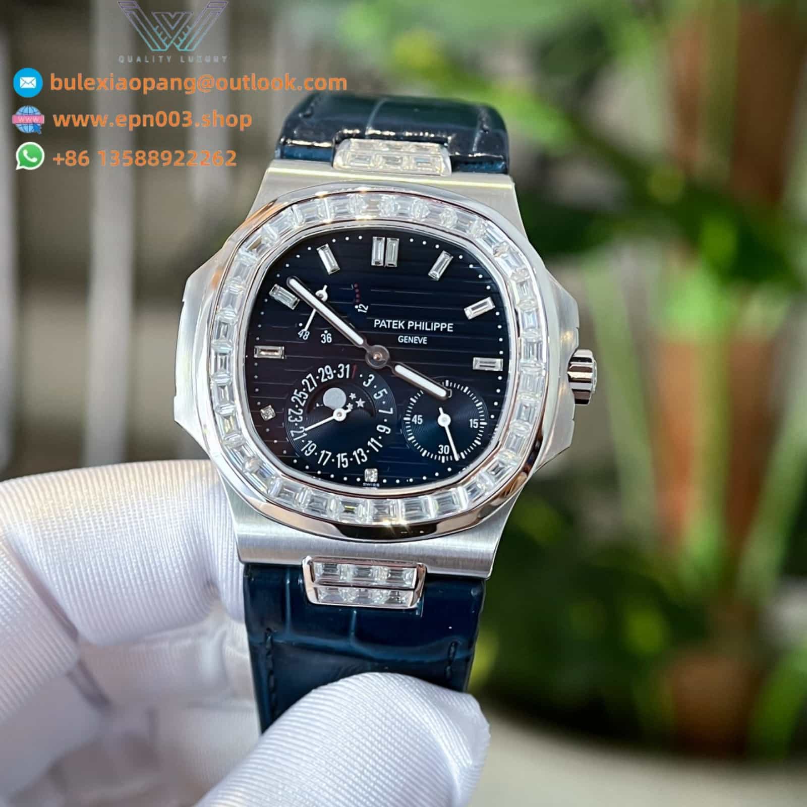Nautilus 5724 Custom Moissanite Diamonds Leather Strap 40mm Men Watch