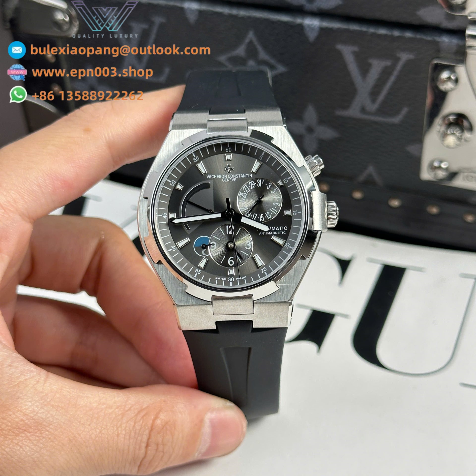 Overseas Dual Time 47450 Off Watches Gray Dial Rubber Strap 42mm Men Watch