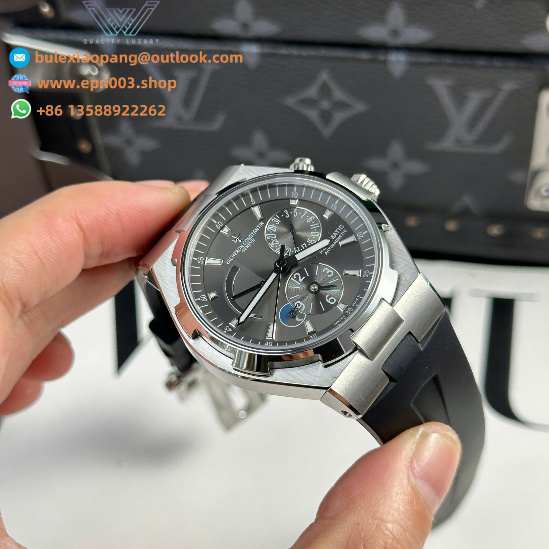 Overseas Dual Time 47450 Off Watches Gray Dial Rubber Strap 42mm Men Watch