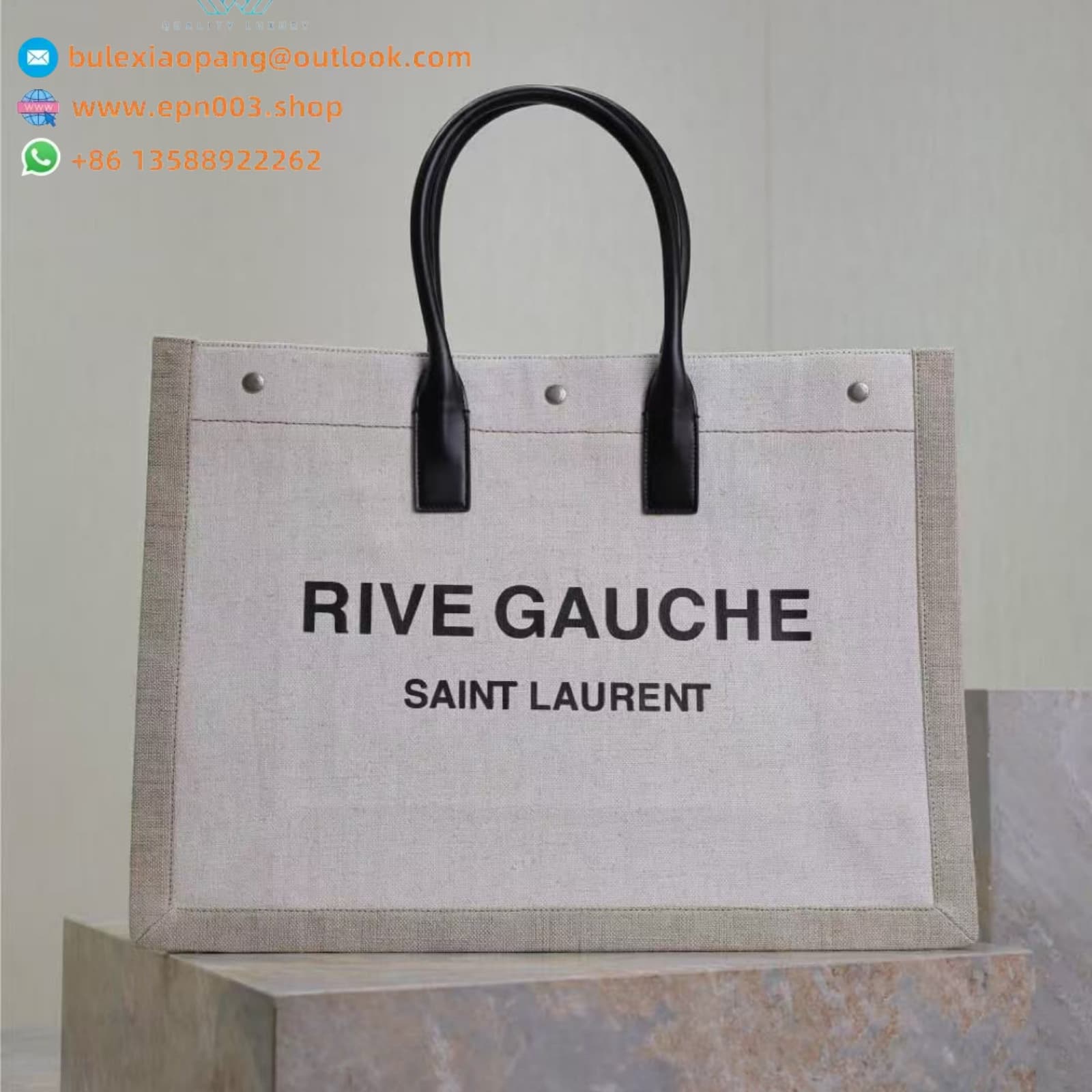 RIVE GAUCHE LARGE TOTE BAG IN SMOOTH LEATHER WHITE LINEN COTTON BLEND - 587273CWTFE1000