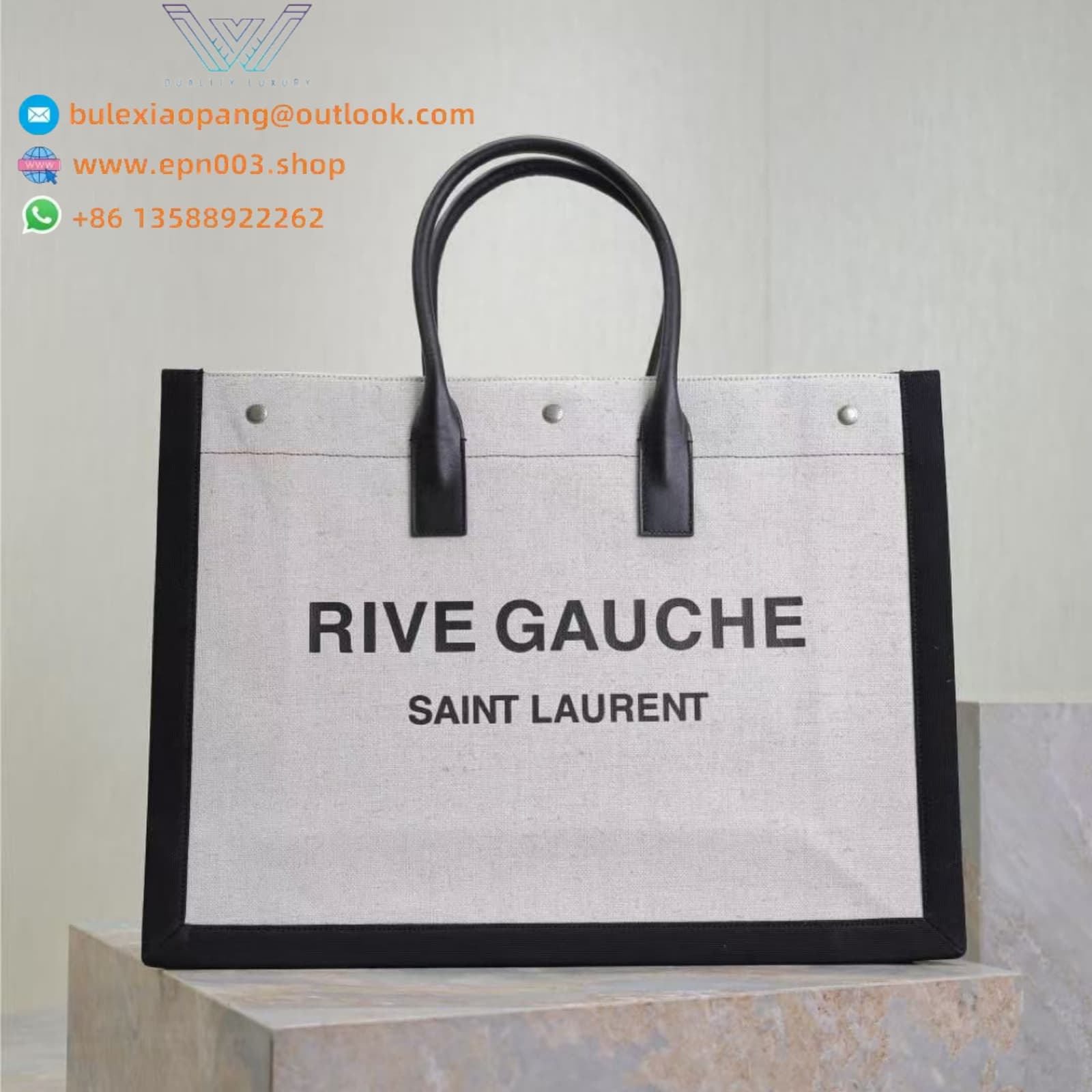 RIVE GAUCHE LARGE TOTE BAG IN SMOOTH LEATHER WHITE LINEN-COTTON BLEND WITH BLACK TRIM - 587273CWTFE1000