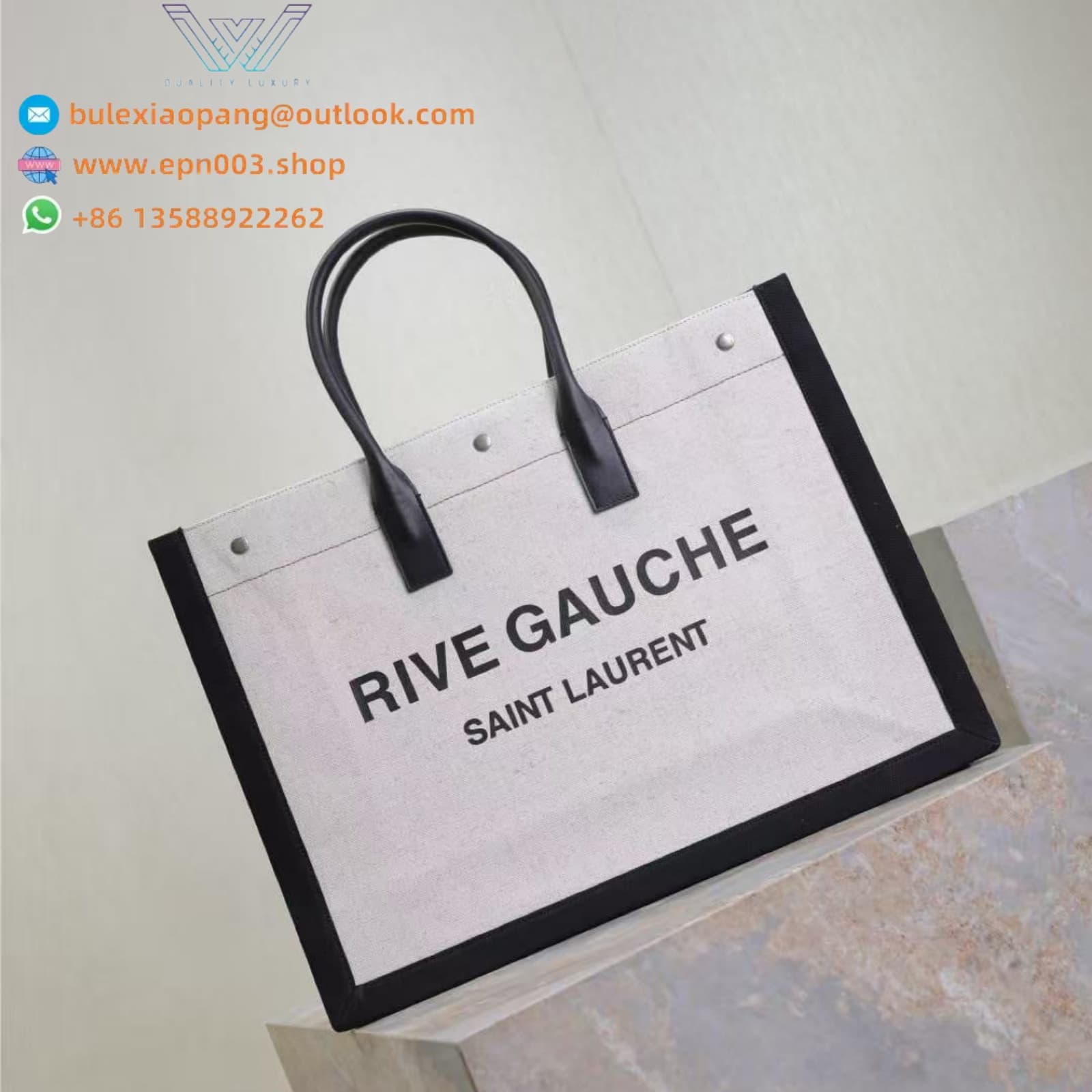 RIVE GAUCHE LARGE TOTE BAG IN SMOOTH LEATHER WHITE LINEN-COTTON BLEND WITH BLACK TRIM - 587273CWTFE1000