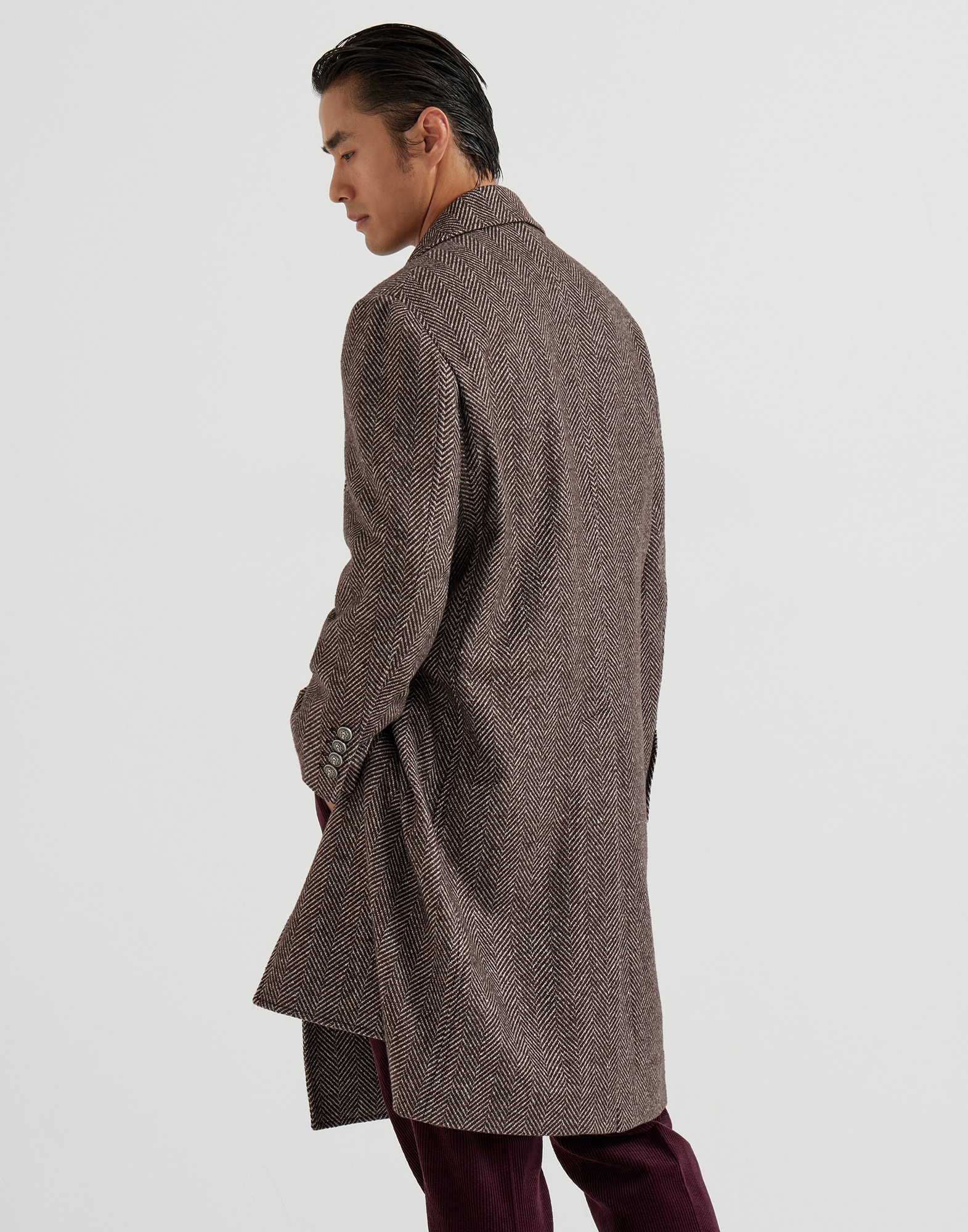 Cashmere and silk chevron flannel coat with metal buttons