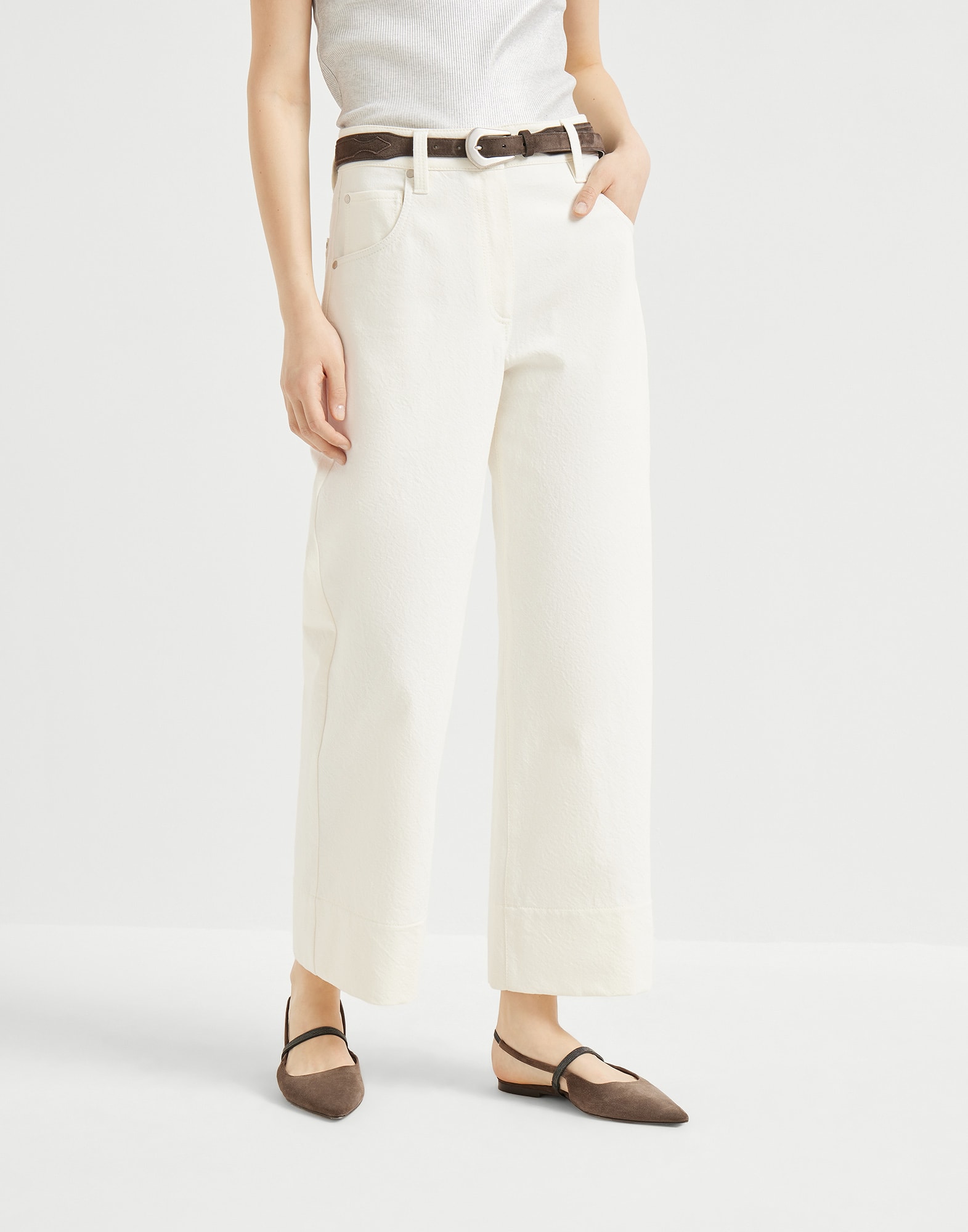 Dyed cotton and wool wrinkled denim square chino trousers with monili