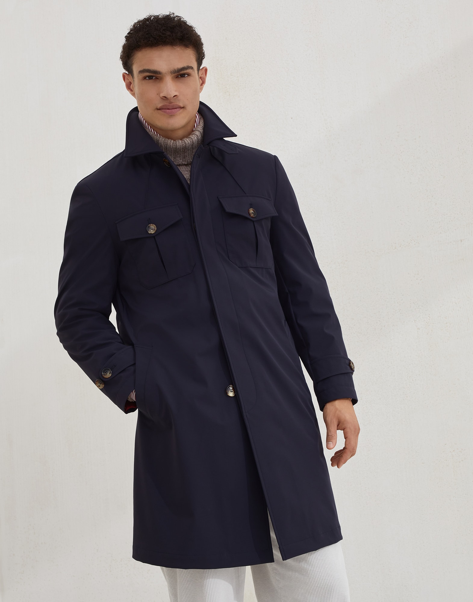 Stretch bonded nylon four-pocket redingote