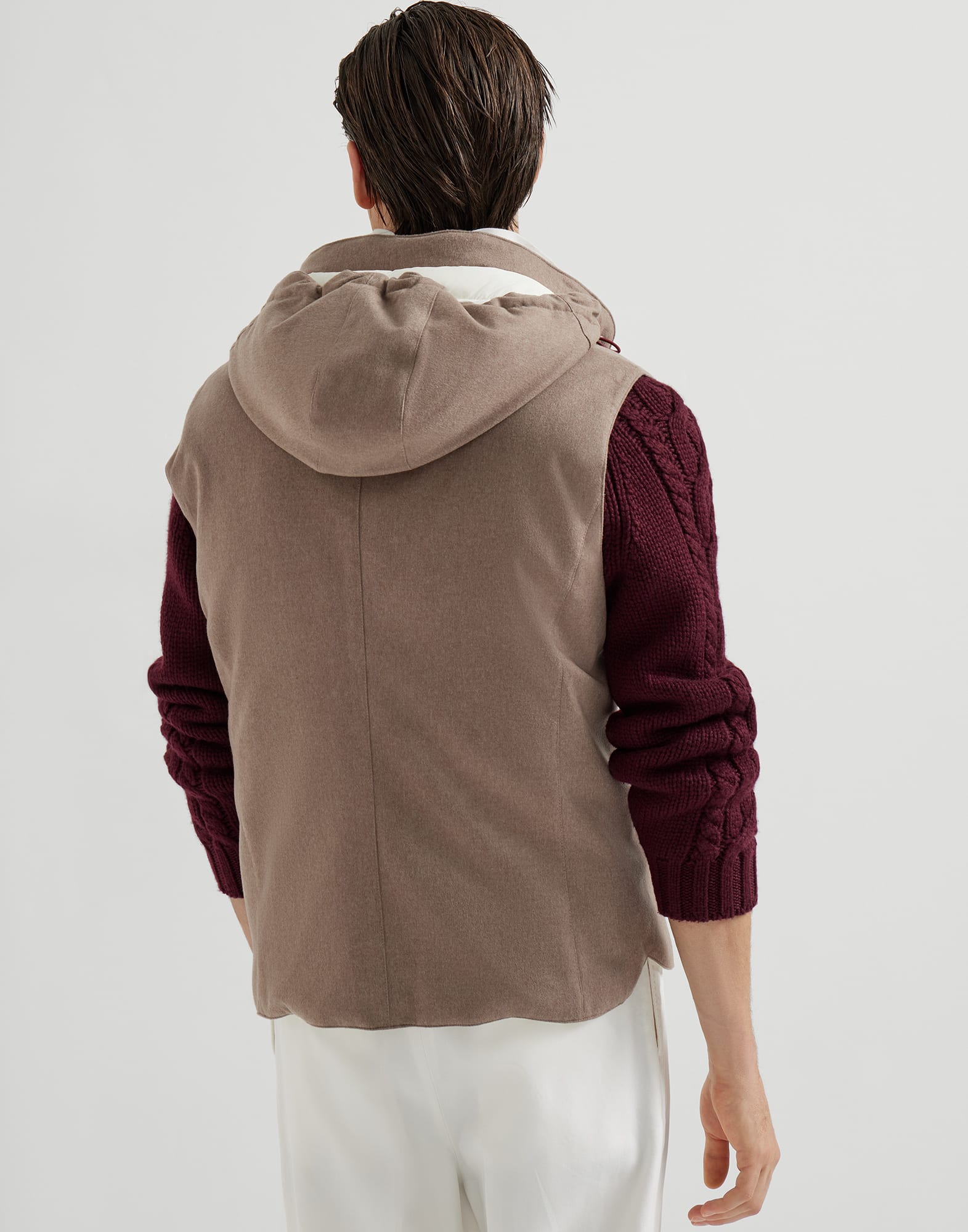 Bonded wool flannel down vest with detachable hood
